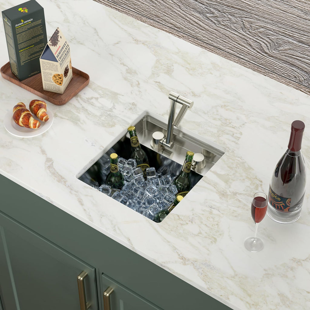 Logmey15x17 Inch Undermount Single Bowl Stainless Steel Bar Sink with Foldable Faucet and Cover