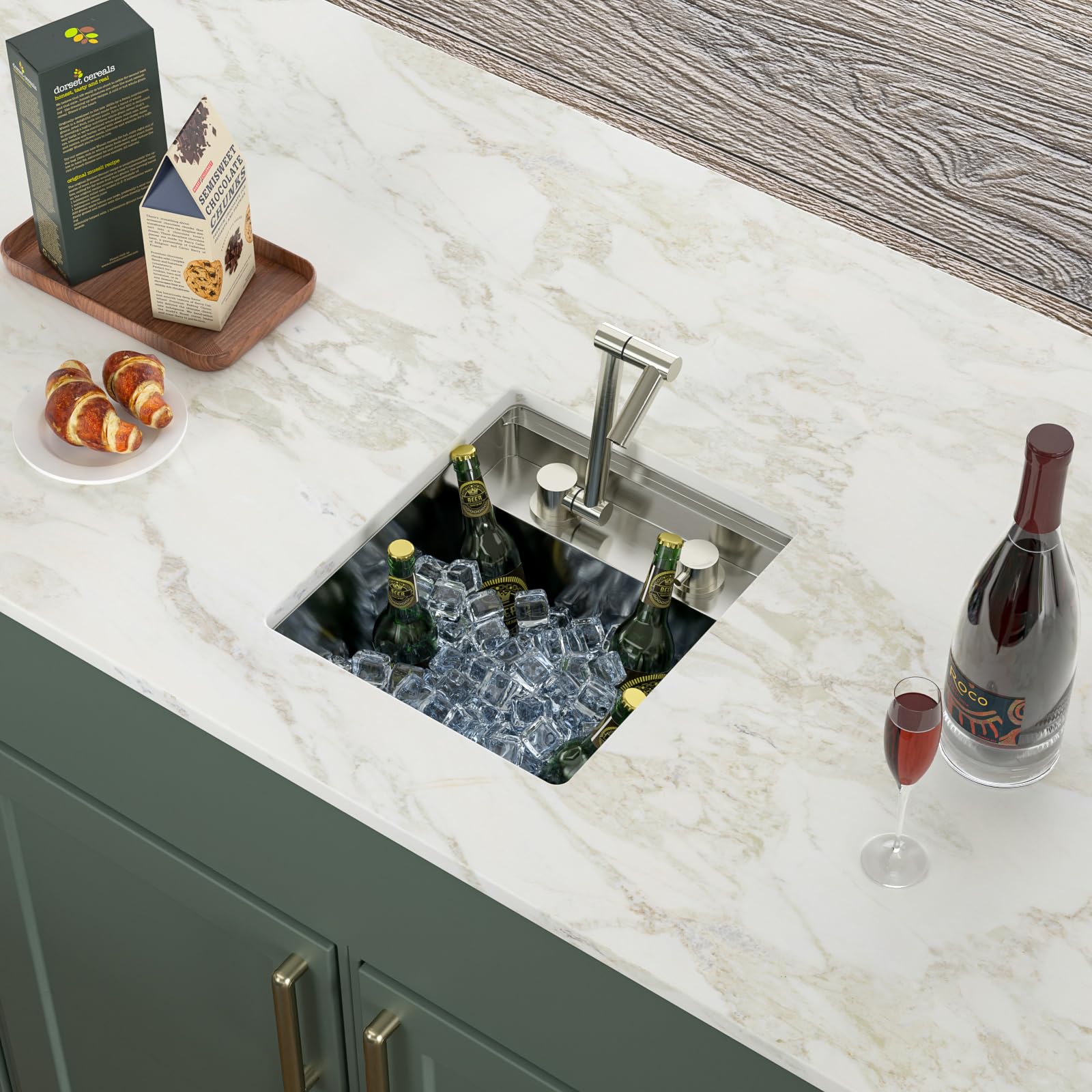 Logmey15x17 Inch Undermount Single Bowl Stainless Steel Bar Sink with Foldable Faucet and Cover