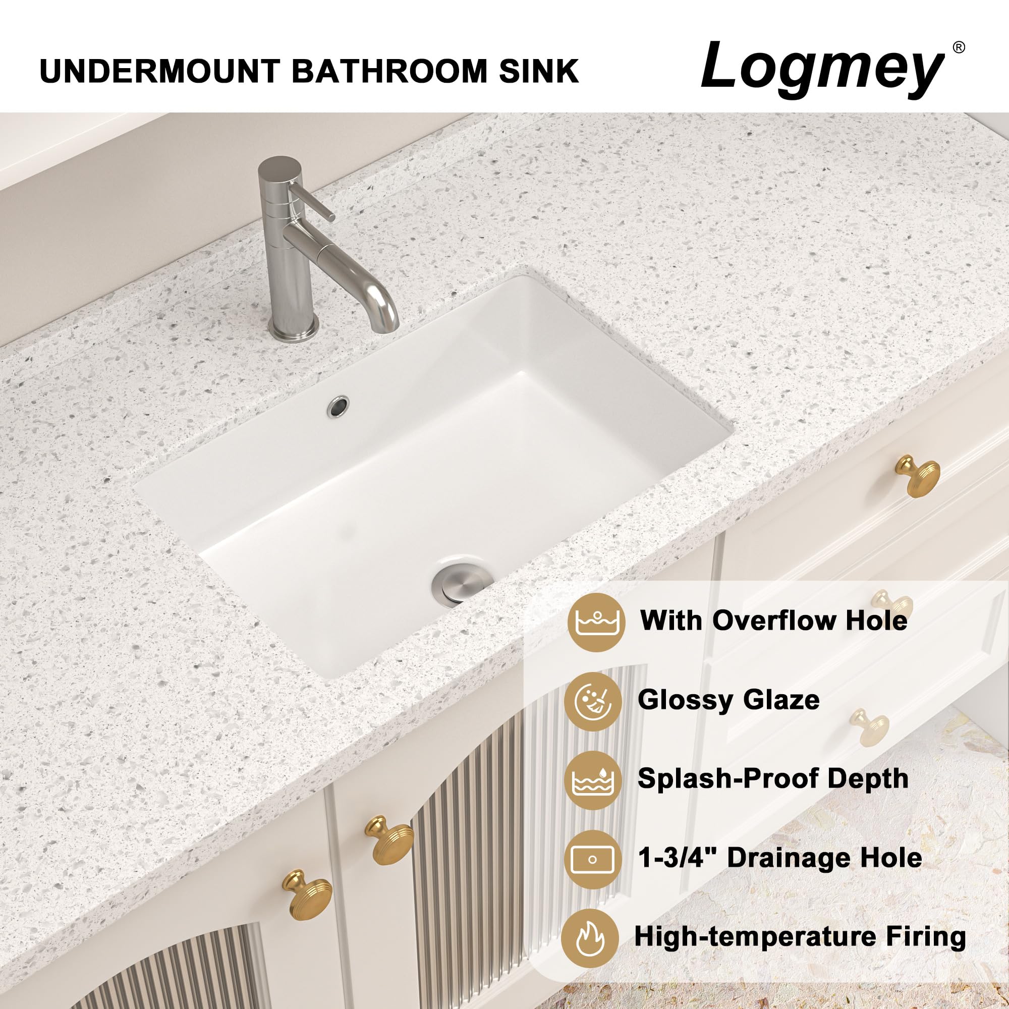 Logmey 18 x12 Inch Undermount Pure White Porcelain Ceramic Bathroom Vessel Sink