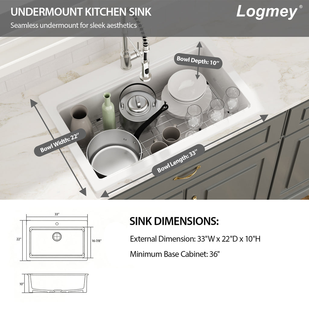 Logmey 33x22 Heavy Duty Glossy White Ceramic Drop-In Culinary Workstation Sink Combo