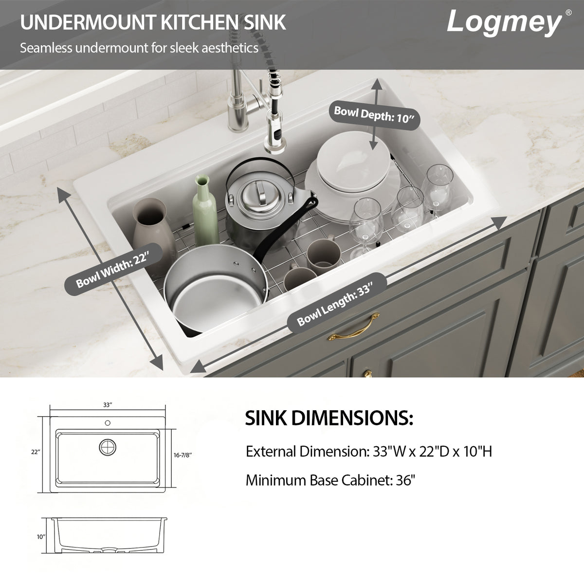 Logmey 33x22 Heavy Duty Glossy White Ceramic Drop-In Culinary Workstation Sink Combo