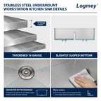 Logmey 36'' x 19'' Undermount 50/50 Double Bowl Workstation Kitchen Sink - 16 Gauge Stainless Steel 10'' Deep Low-Divide Basin with Pop-Up Drains