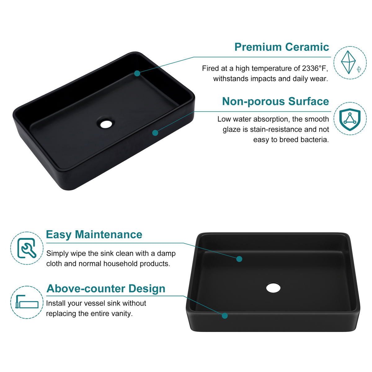 Logmey 24'' x 16'' Matte Black Rectangular Vessel Sink