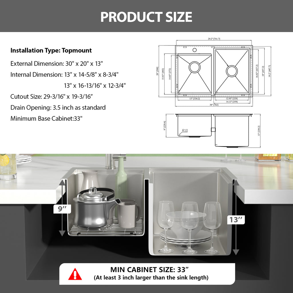 Logmey 30x20 Heavy Duty 16G T304 Stainless Steel Drop-In Double Bowl Sink Combo