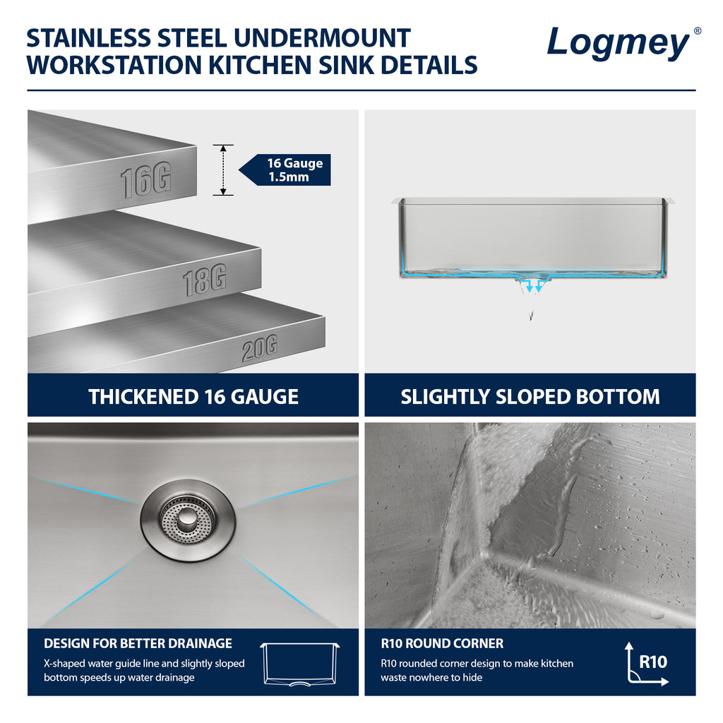 Logmey 36'' Undermount Workstation Kitchen Sink