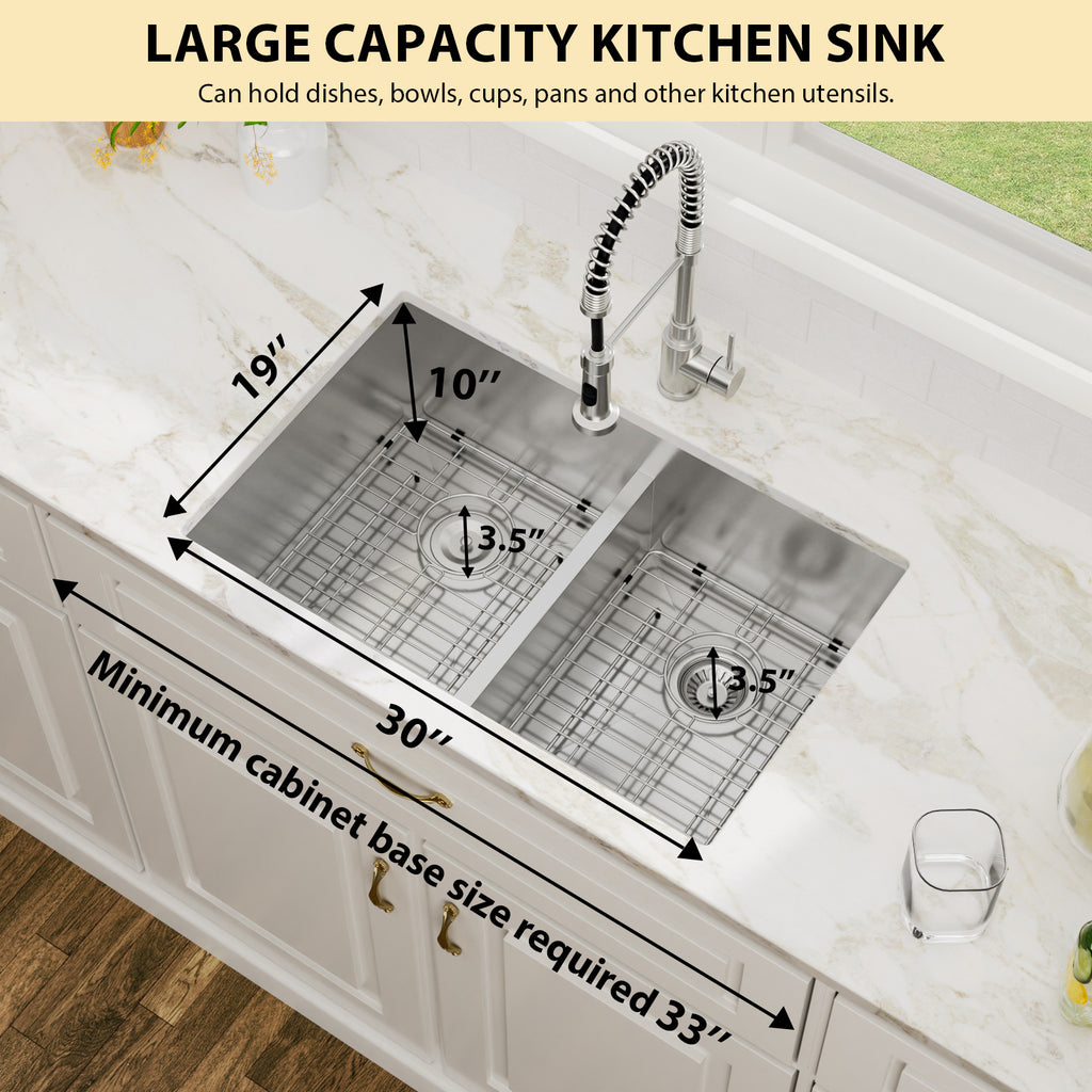 Logmey 30x19 Seamless Undermount 50/50 Double Basin Kitchen Sink Combo