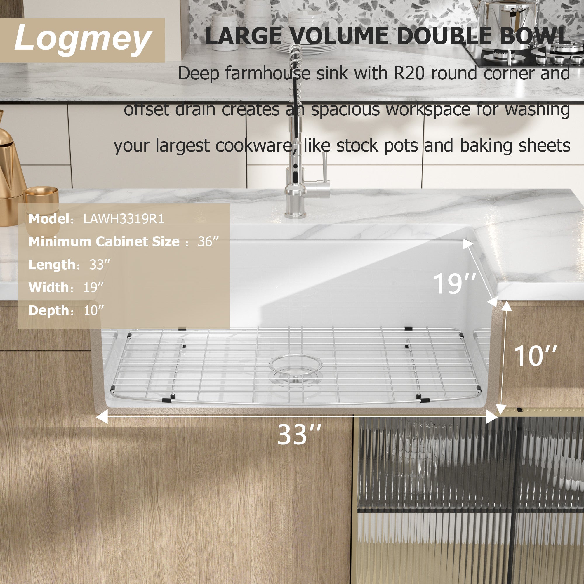 Logmey 33"  x 19"  Single Basin Farmhouse Apron Kitchen Sink White Ceramic
