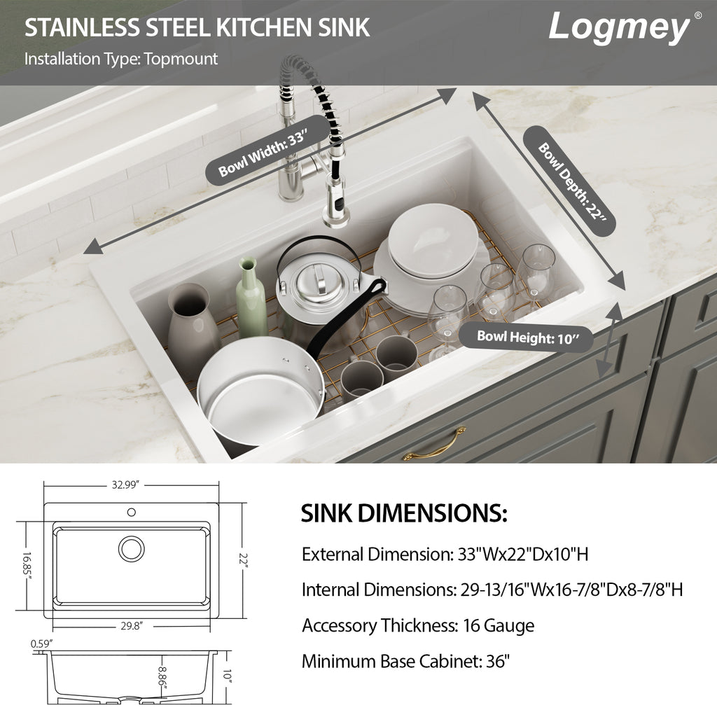 Logmey 33x22 Heavy Duty Glossy White Ceramic Drop-In Culinary Workstation Kitchen Sink Combo