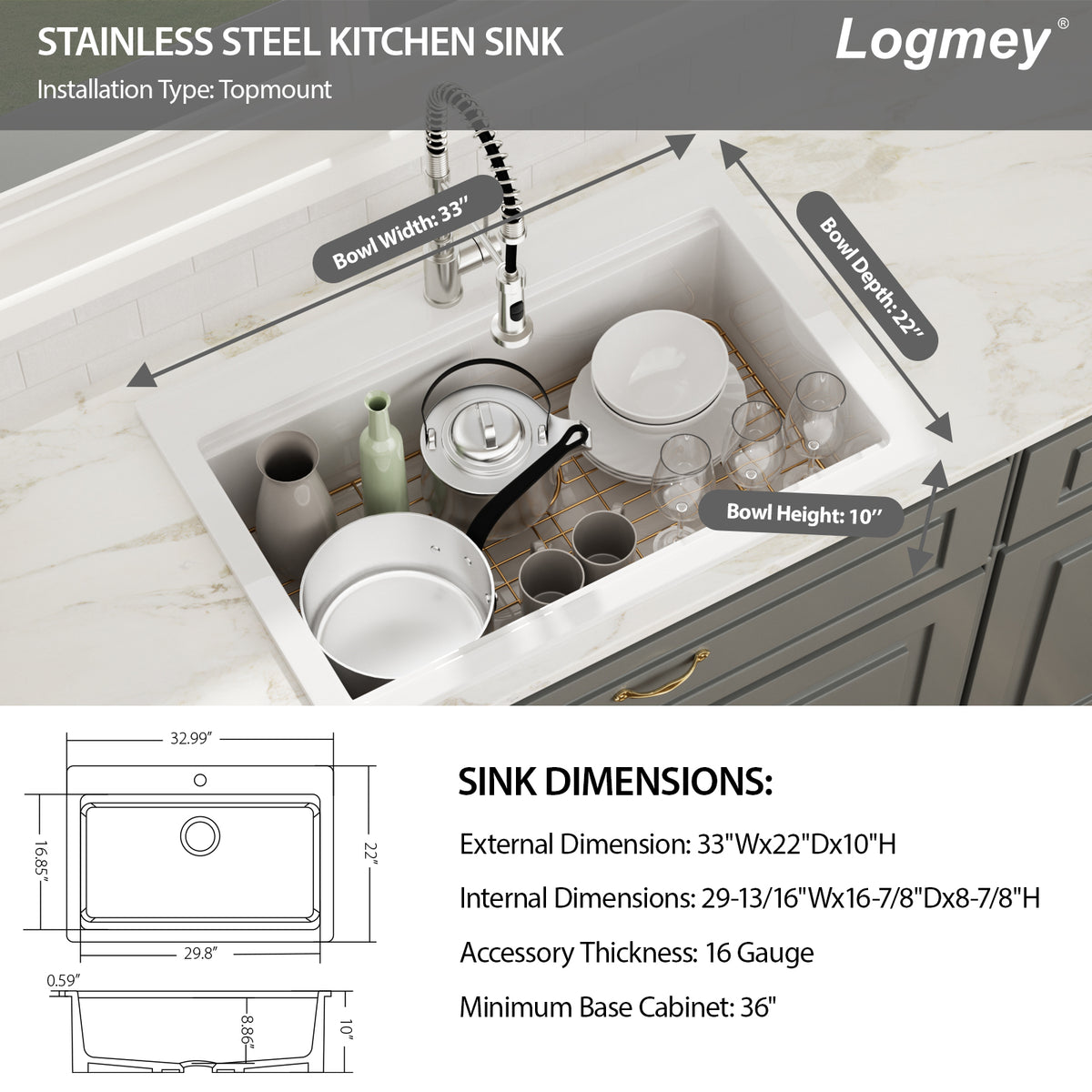 Logmey 33x22 Heavy Duty Glossy White Ceramic Drop-In Culinary Workstation Kitchen Sink Combo