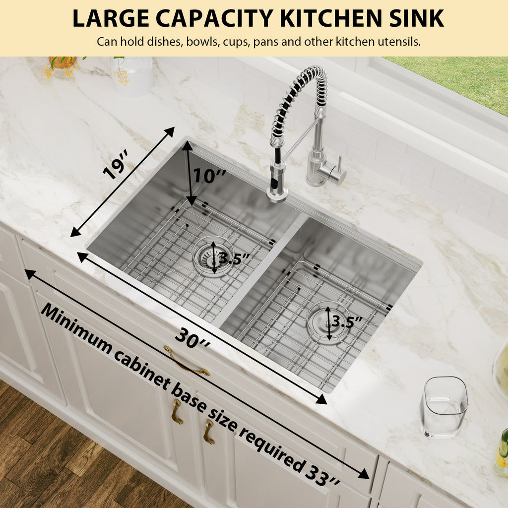 Logmey 30 Inch Low-Divide Workstation Undermount Kitchen Sink 50/50 Double Sink