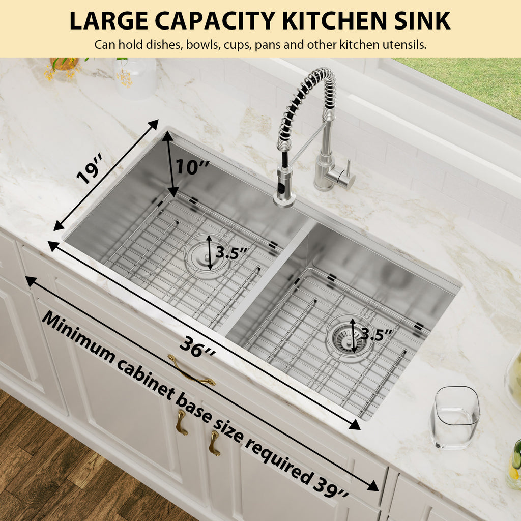 36'' x 19'' 16 Gauge Workstation Undermount 50/50 Double Bowl Low Divide Stainless Steel Kitchen Sink with with Colander, Cutting Board, Strainer and Dish-Drying Rack
