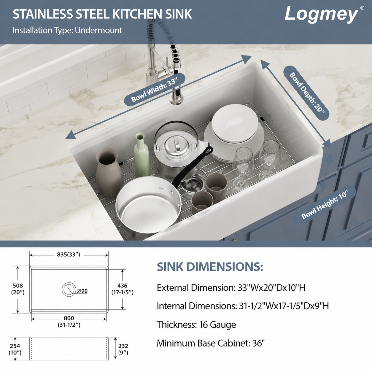 Logmey 33" Farmhouse Kitchen Sink White Workstation Fireclay Apron Front Farm Sink Undermount 33" x 20" x 10" Single Bowl White Ceramic Sinks for Countryside Classic Style