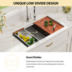 Logmey 33''x 19'' Undermount 16 Gauge Stainless Steel Workstation Double Bowl Kitchen Sink -50/50 Low-Divide