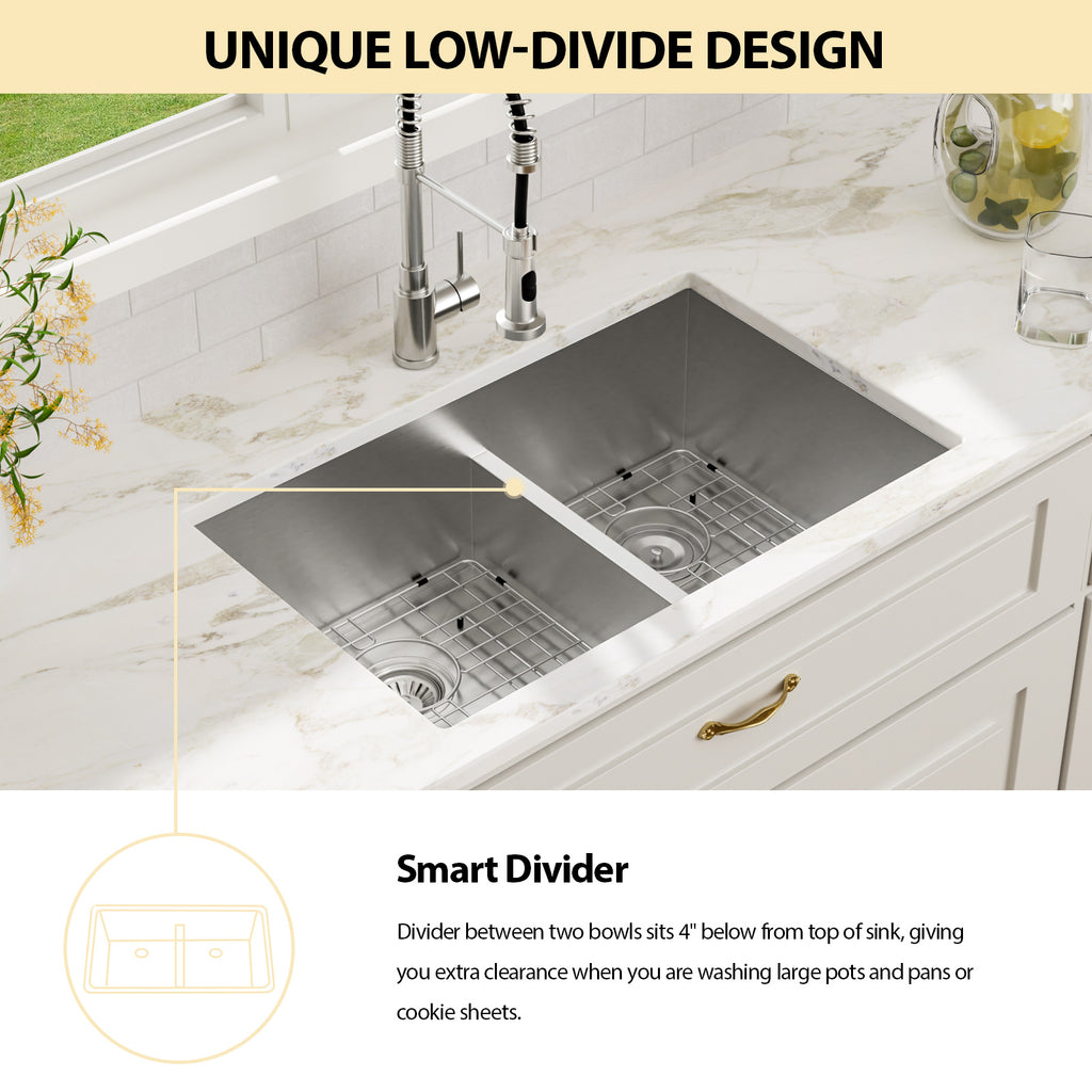 Logmey 30x19 Seamless Undermount 50/50 Double Basin Kitchen Sink Combo