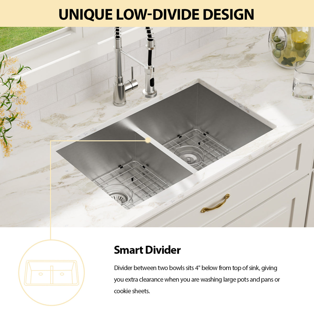 Logmey 30x19 Seamless Undermount 50/50 Double Basin Kitchen Sink Combo