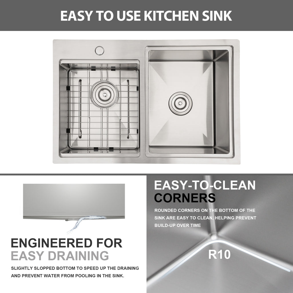 Logmey 30x20 Heavy Duty 16G T304 Stainless Steel Drop-In Double Bowl Sink Combo