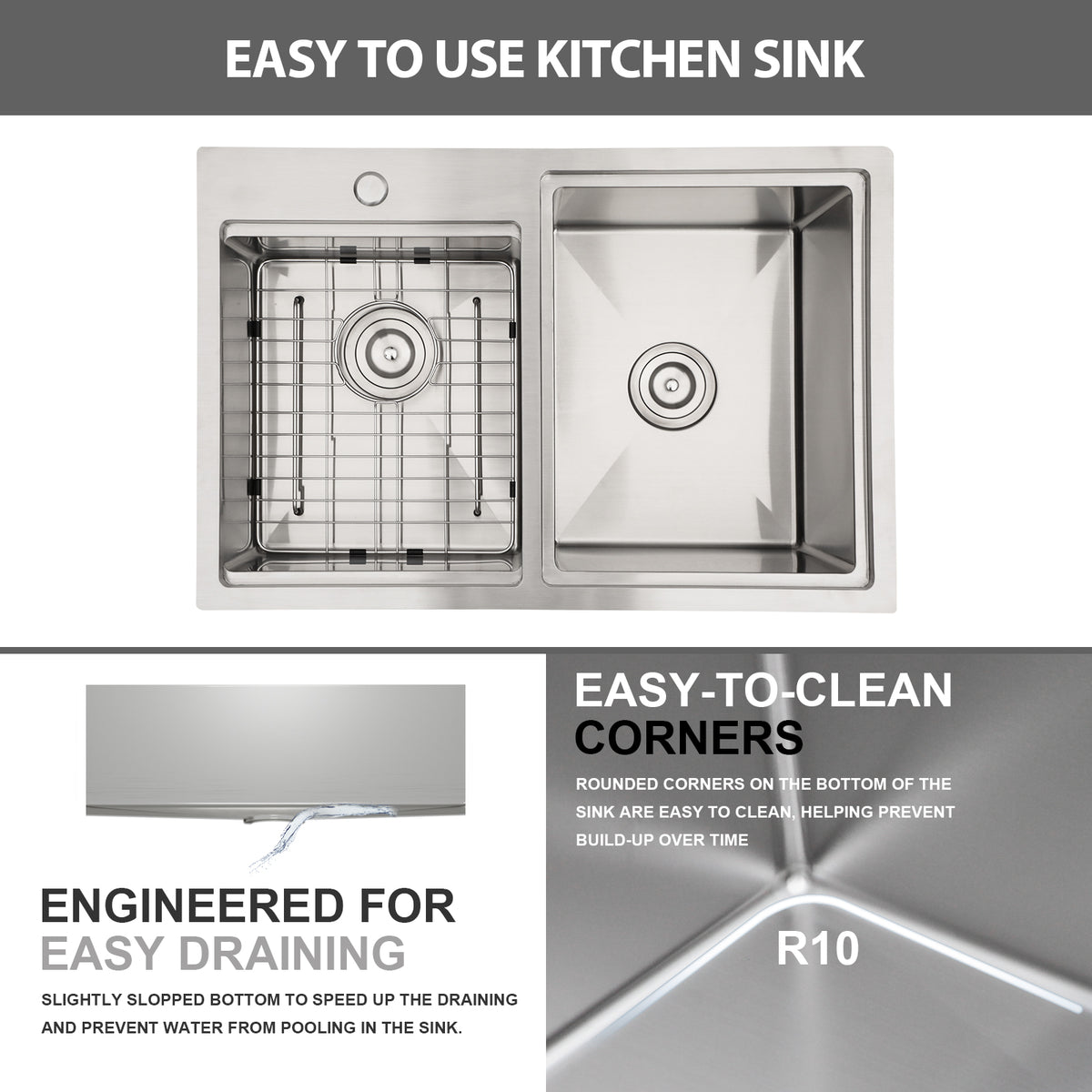 Logmey 30x20 Heavy Duty 16G T304 Stainless Steel Drop-In Double Bowl Sink Combo