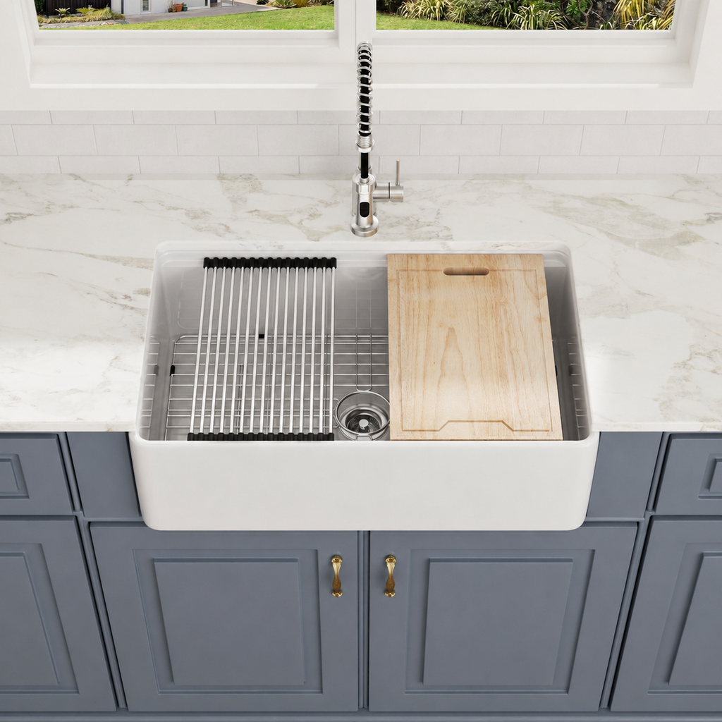 Logmey 33" Farmhouse Kitchen Sink White Workstation Fireclay Apron Front Farm Sink Undermount 33" x 20" x 10" Single Bowl White Ceramic Sinks for Countryside Classic Style