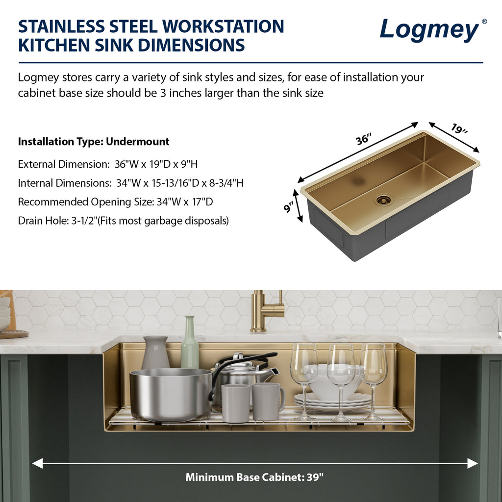 Logmey 36'' x 19'' Undermount Workstation Kitchen Sink