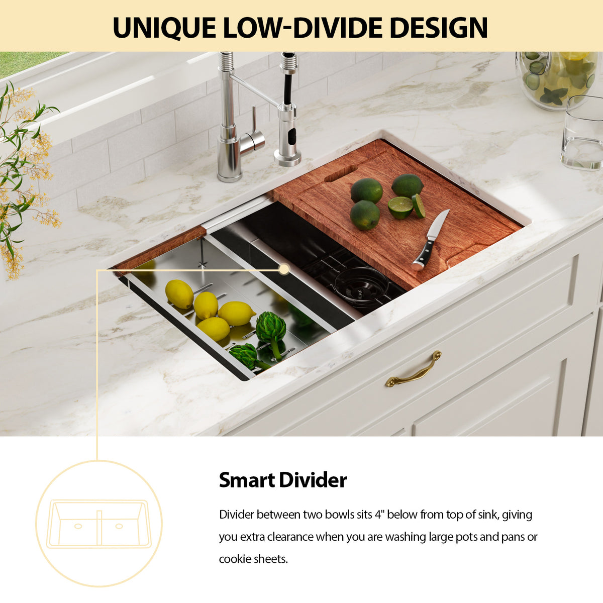 Logmey 30 Inch Low-Divide Workstation Undermount Kitchen Sink 50/50 Double Sink