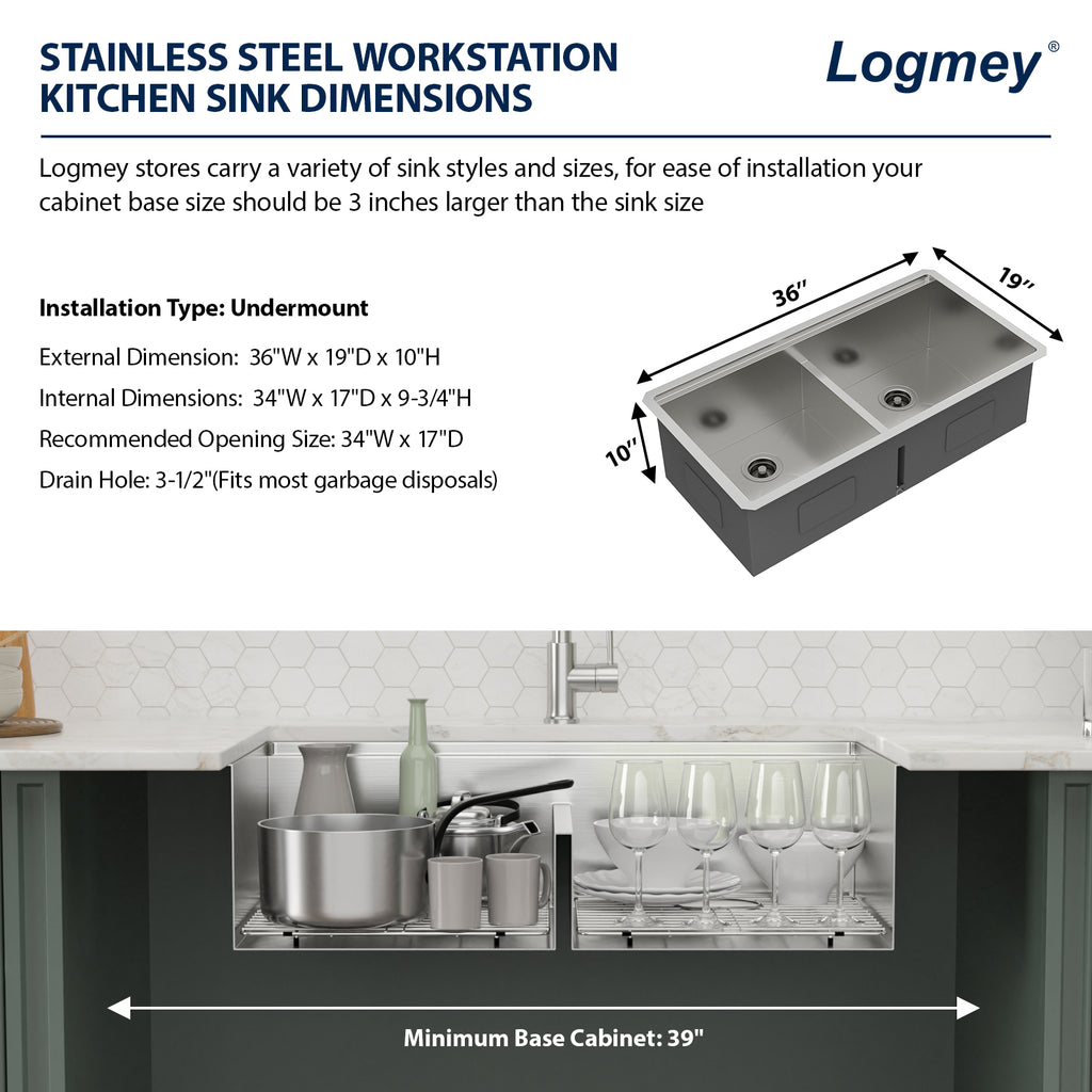 Logmey 36'' x 19'' Undermount 50/50 Double Bowl Workstation Kitchen Sink - 16 Gauge Stainless Steel 10'' Deep Low-Divide Basin with Pop-Up Drains