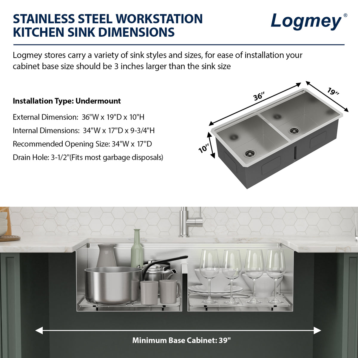 Logmey 36'' x 19'' Undermount 50/50 Double Bowl Workstation Kitchen Sink - 16 Gauge Stainless Steel 10'' Deep Low-Divide Basin with Pop-Up Drains