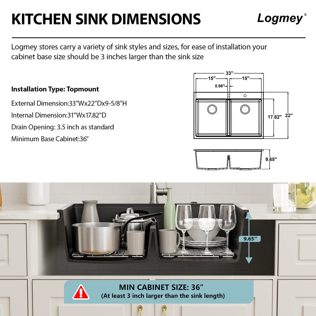 Logmey 33x19 Seamless Black Quartz Culinary Workstation Kitchen Sink Combo