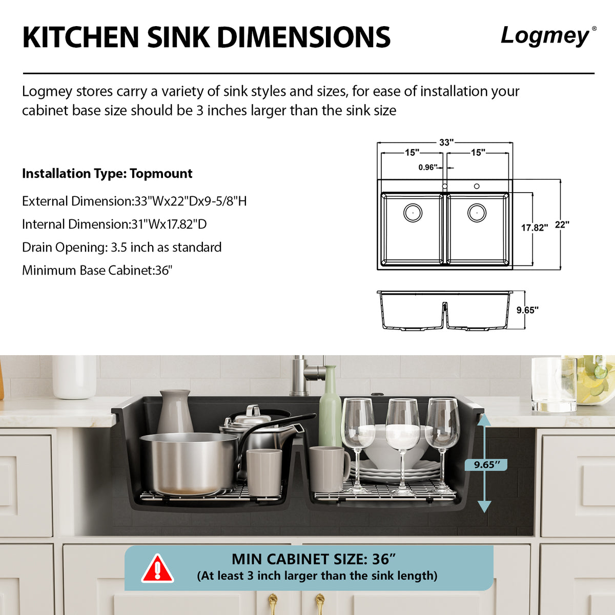 Logmey 33x19 Seamless Black Quartz Culinary Workstation Kitchen Sink Combo