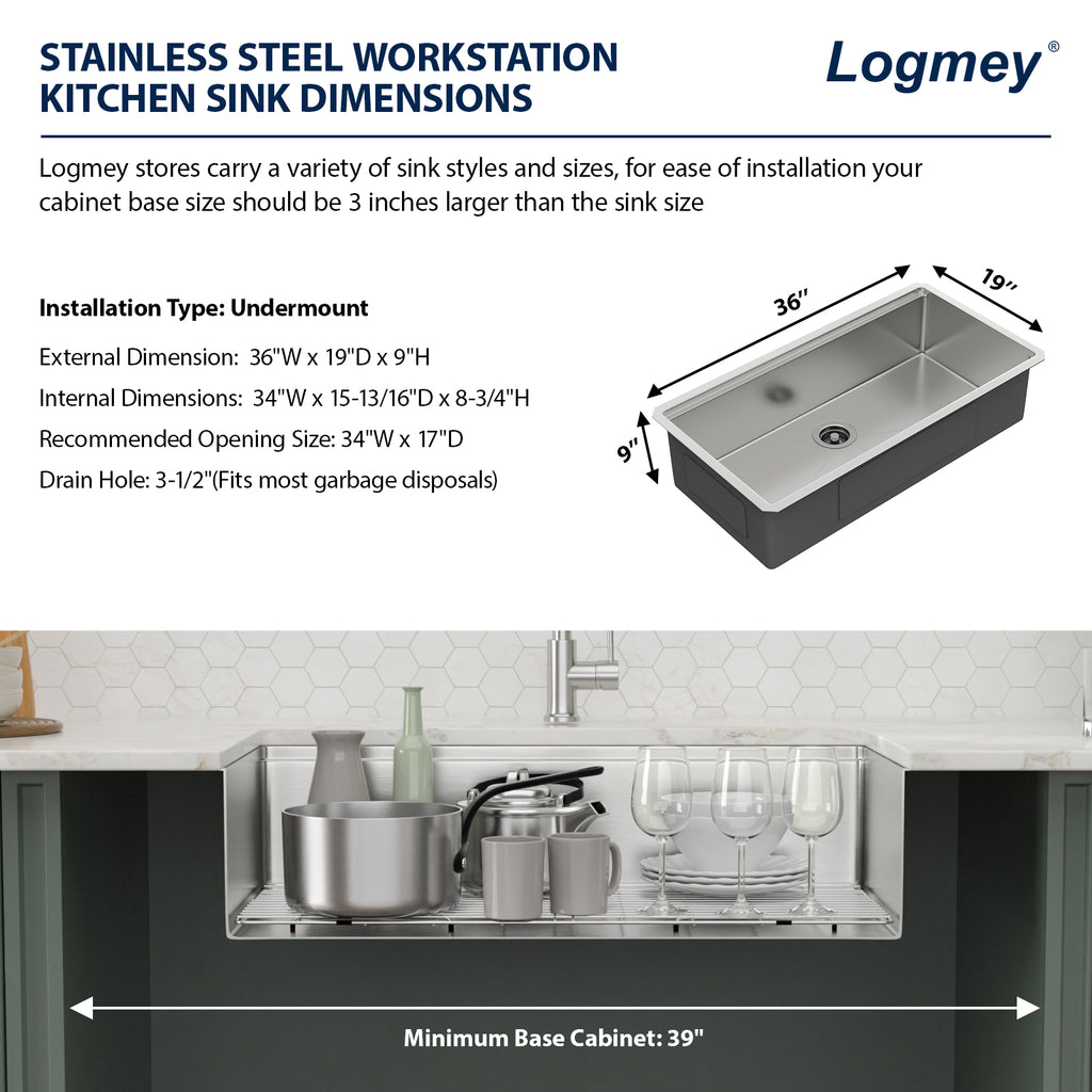 Logmey 36'' Undermount Workstation Kitchen Sink