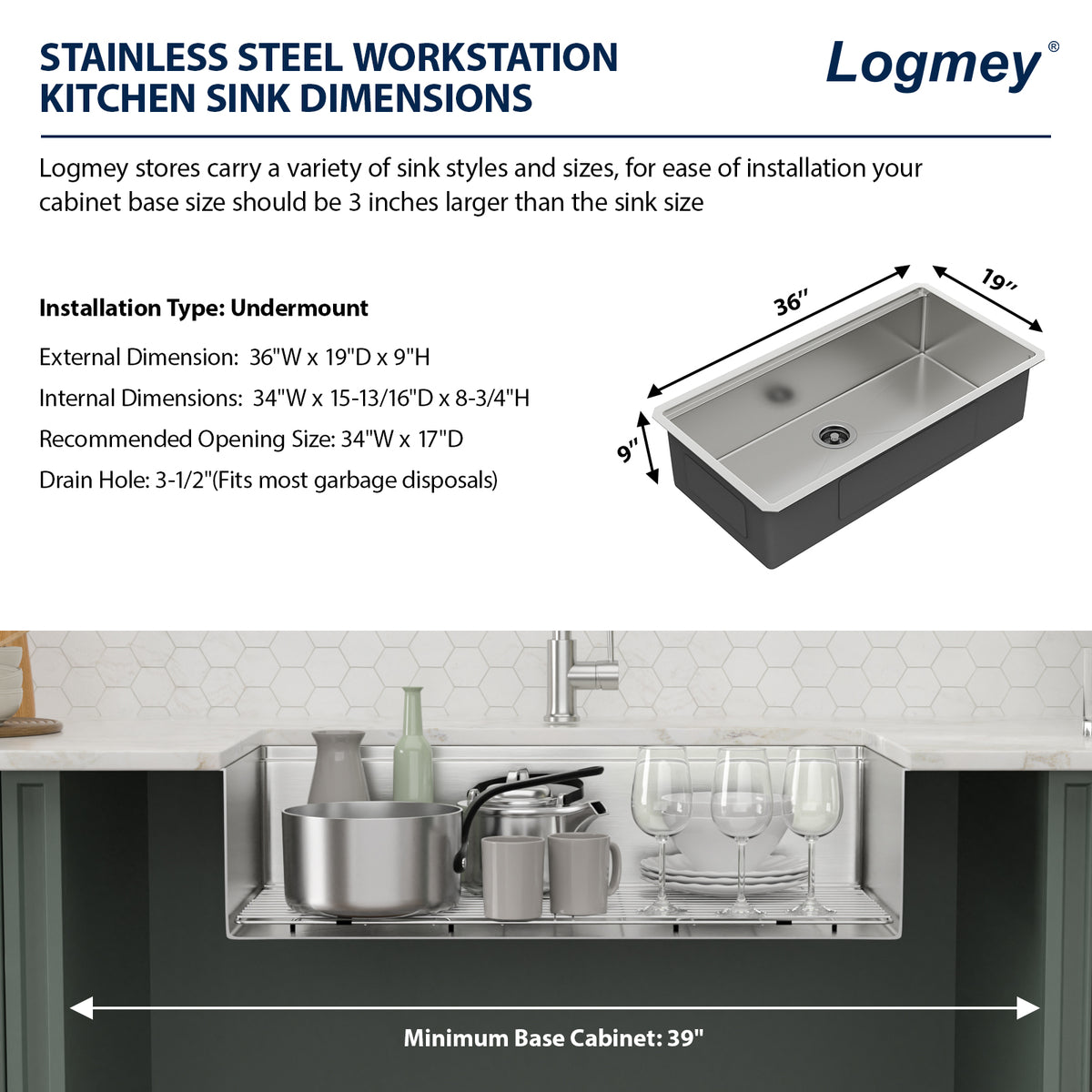 Logmey 36'' Undermount Workstation Kitchen Sink
