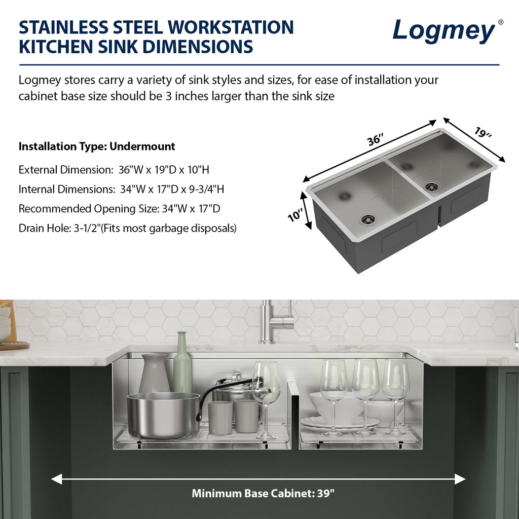 Logmey 36 Inch Undermount Workstation Sink 60/40 Asymmetric Double Basin