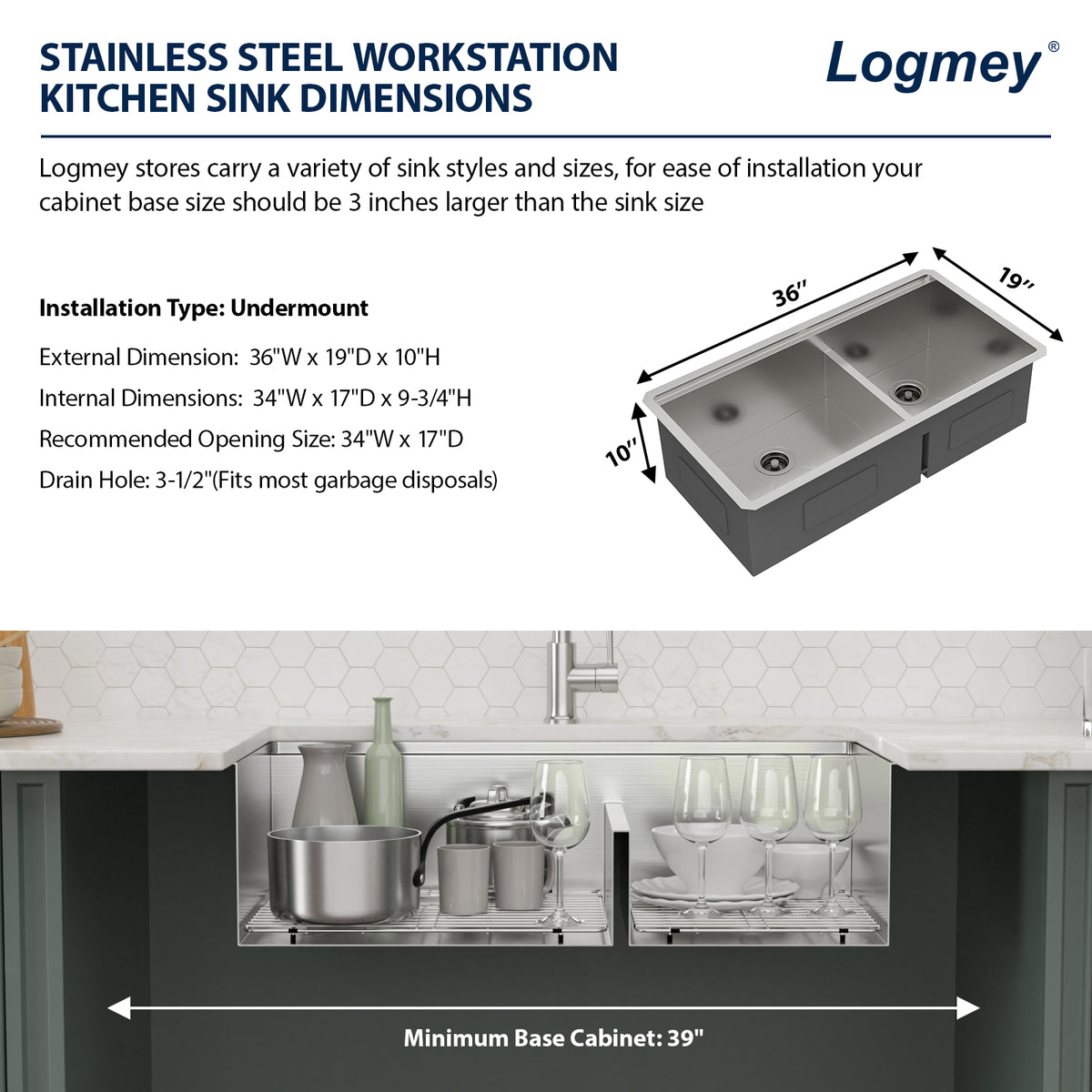 Logmey 36 Inch Undermount Workstation Sink 60/40 Asymmetric Double Basin