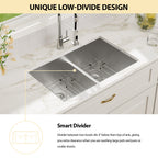 Logmey 30x19 Seamless Undermount 60/40 Double Bowl Kitchen Sink Combo