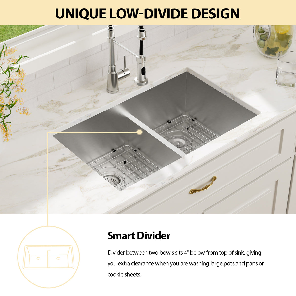 Logmey 30x19 Seamless Undermount 60/40 Double Bowl Kitchen Sink Combo