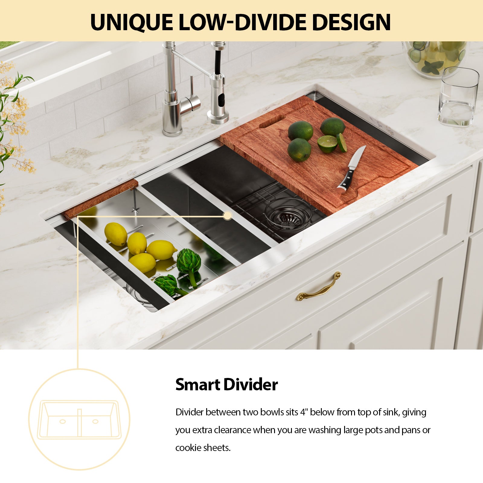 36'' x 19'' 16 Gauge Workstation Undermount 50/50 Double Bowl Low Divide Stainless Steel Kitchen Sink with with Colander, Cutting Board, Strainer and Dish-Drying Rack