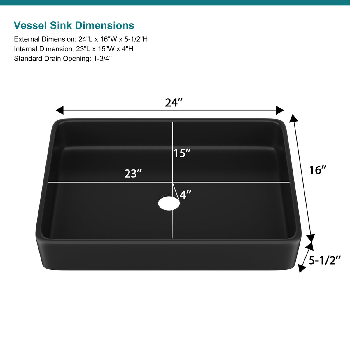 Logmey 24'' x 16'' Matte Black Rectangular Vessel Sink