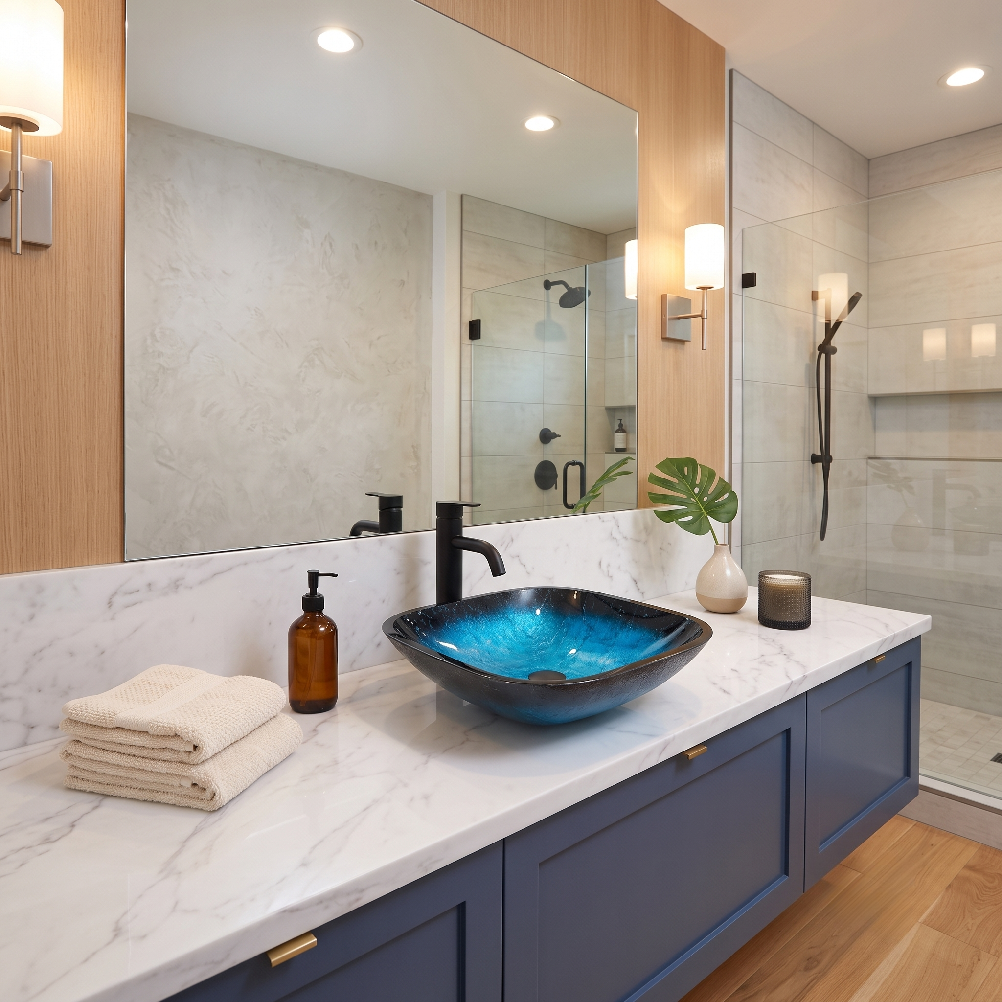 Logmey 16" Square Tempered Glass Bathroom Vessel Sink Set with Faucet