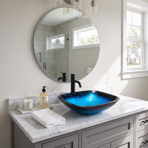 Logmey 16'' Square Tempered Glass Bathroom Vessel Sink Set with Faucet