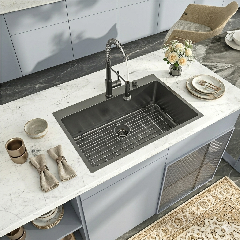 Logmey 30" x 22" Drop-in Kitchen Sink - Gunmetal Black Stainless Steel Single Bowl Topmount Sink