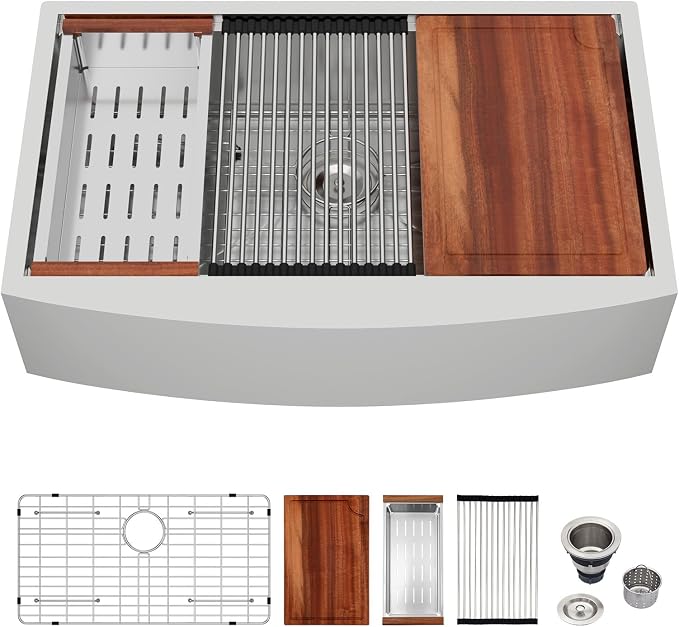 Logmey 33'' Workstation Farmhouse Sink - Apron Front Single Bowl Ledge - Silver Stainless Steel