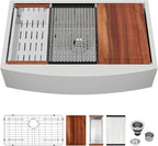 Logmey 33'' Workstation Farmhouse Sink - Apron Front Single Bowl Ledge - Silver Stainless Steel