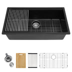 Logmey 32 Inch Black Quartz Composite Kitchen Sink, Undermount Single Bowl Workstation Sink with Drying Rack & Bamboo Cutting Board