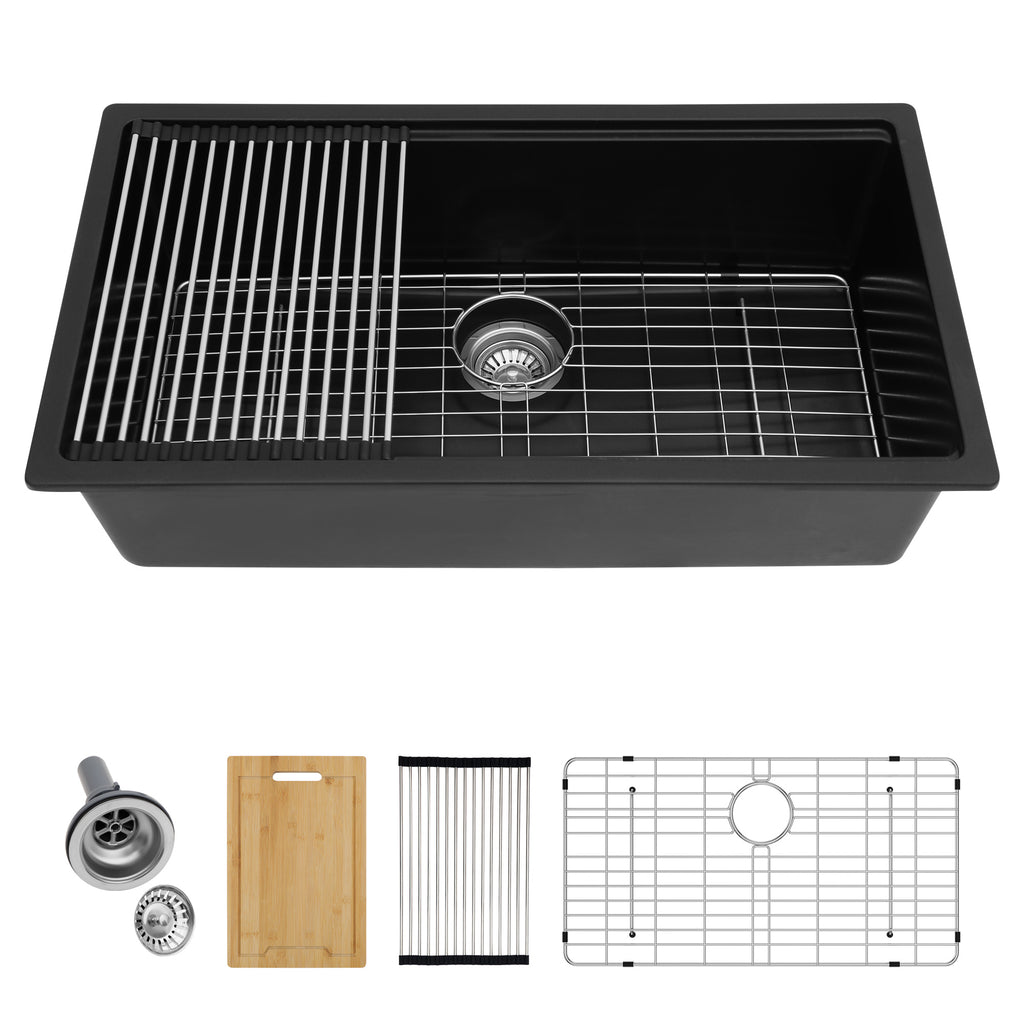 Logmey 33 Inch Black Quartz Composite Kitchen Sink, Undermount Single Bowl Workstation Sink with Drying Rack & Bamboo Cutting Board