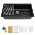 Logmey 33 Inch Black Quartz Composite Kitchen Sink, Undermount Single Bowl Workstation Sink with Drying Rack & Bamboo Cutting Board