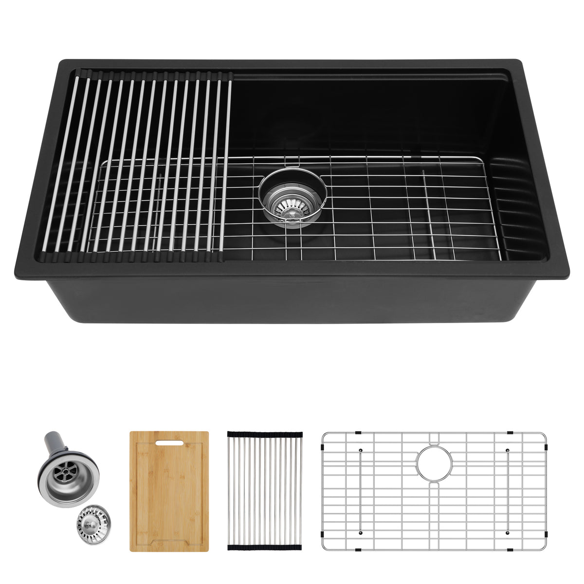 Logmey 33 Inch Black Quartz Composite Kitchen Sink, Undermount Single Bowl Workstation Sink with Drying Rack & Bamboo Cutting Board