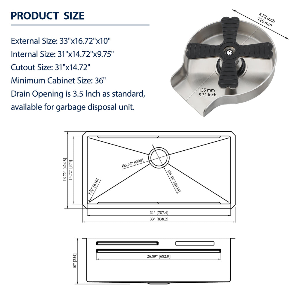 Logmey 33'' Waterfall Kitchen Sink - Undermount Single Bowl with Pull-out Faucet & Control Knob - Silver Stainless Steel