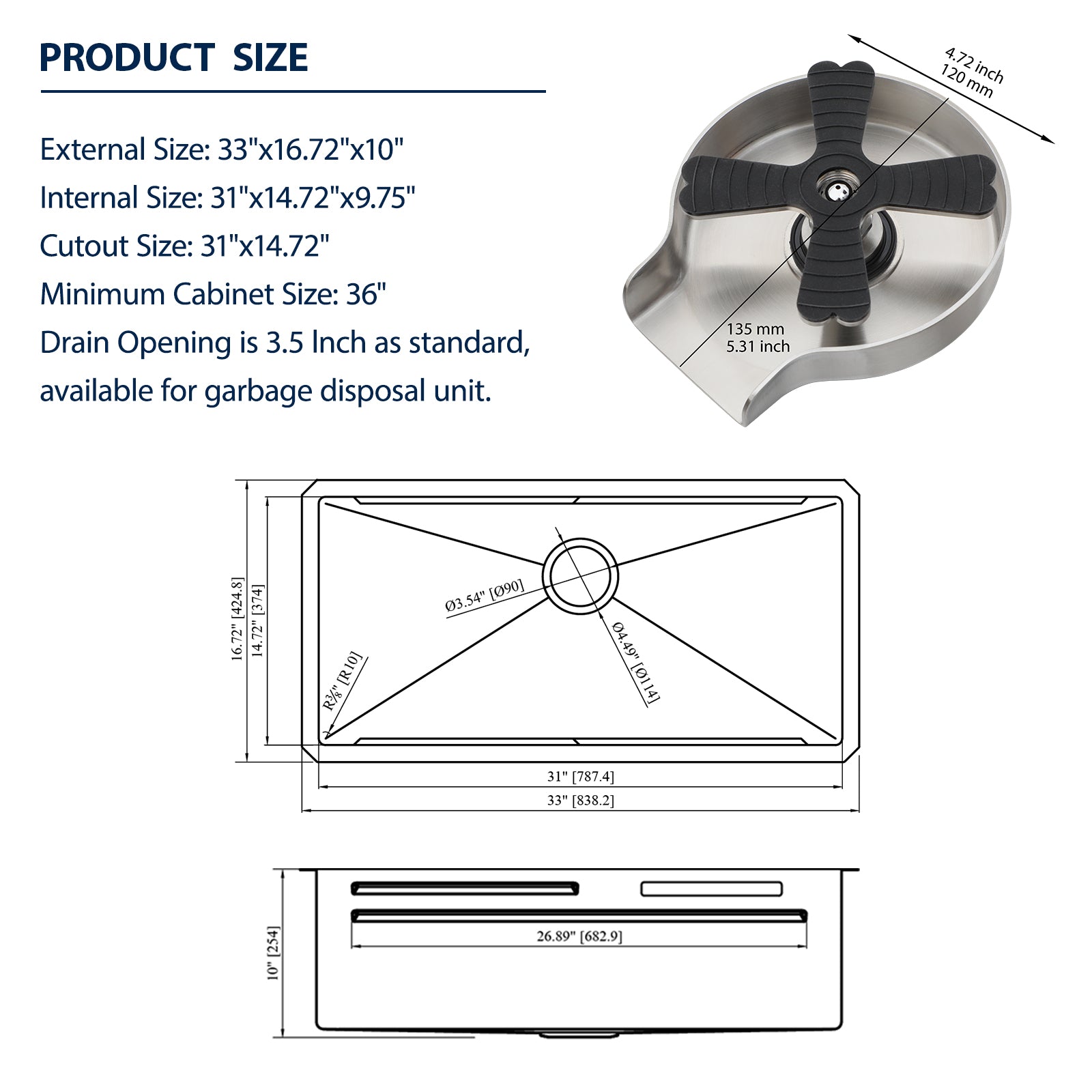 Logmey 33'' Waterfall Kitchen Sink - Undermount Single Bowl with Pull-out Faucet & Control Knob - Silver Stainless Steel
