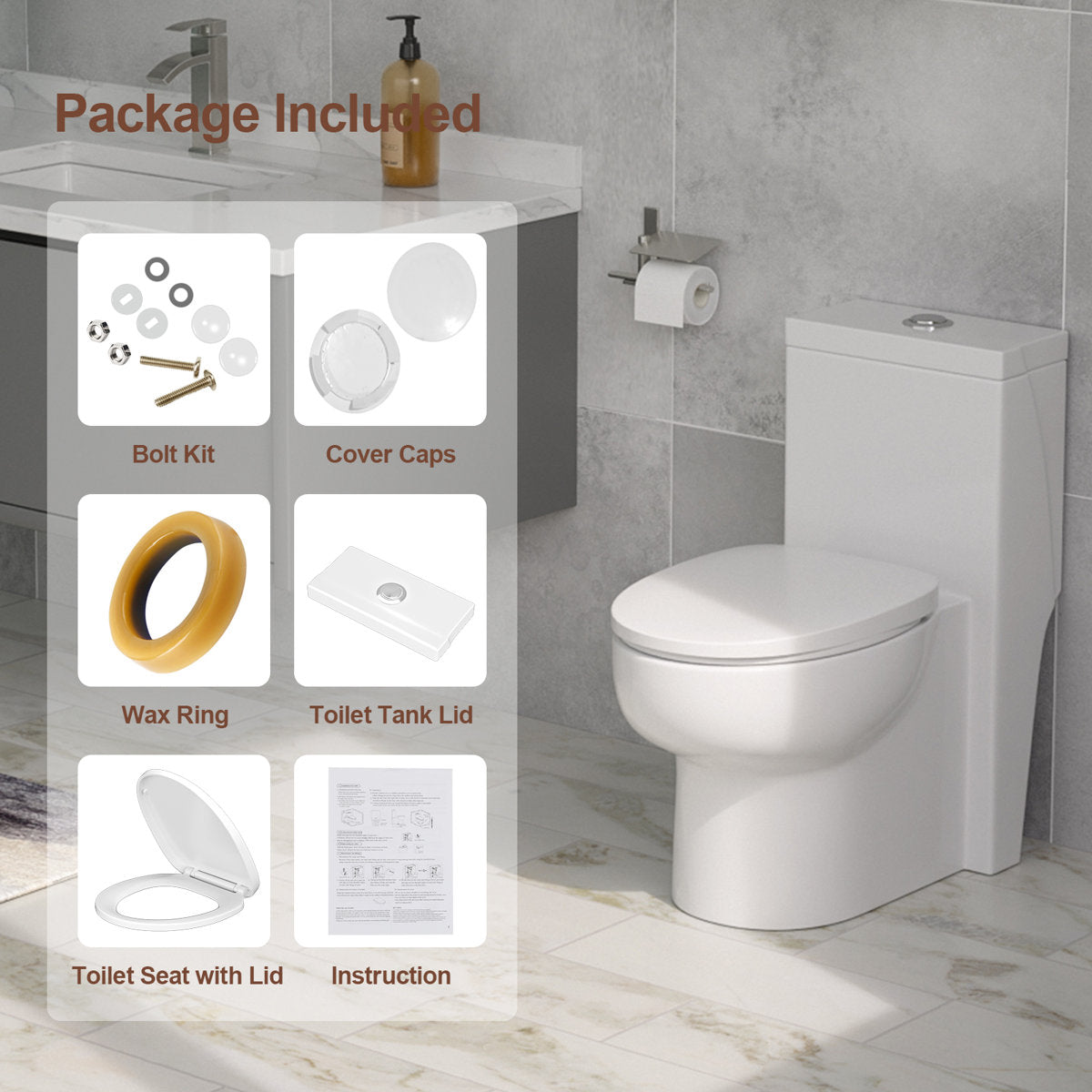One-Piece Modern Toilet, Comfortable Seat Height Toilet with Dual-Flush Fully Glazed (Seat Included)