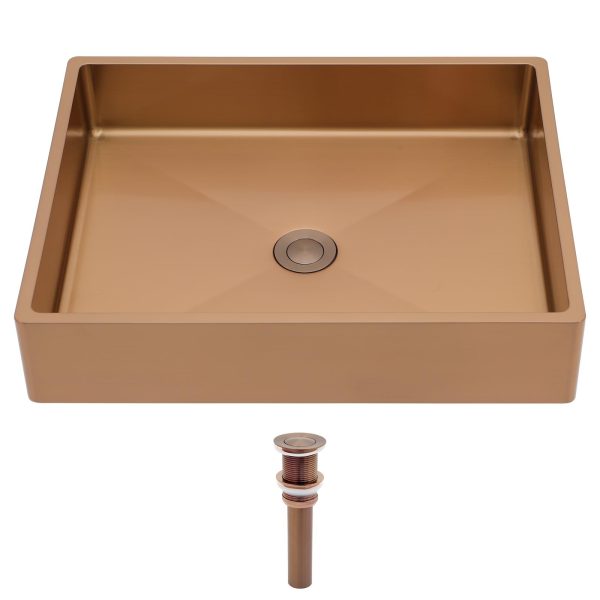 Logmey 19 Inch Rose Gold Bathroom Vessel Sink 19x15 Inches Handmade Stainless Steel Above Counter Bathroom Sink 16 Gauge Rectangle Vessel Sink with Drainer