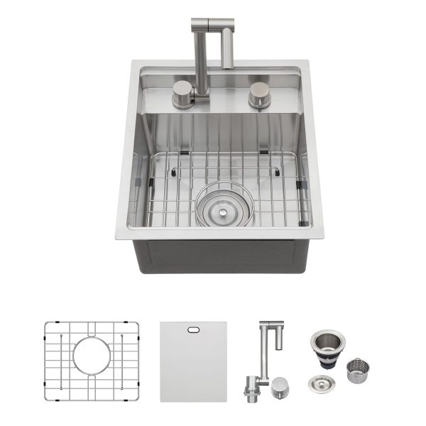 Logmey15 Inch Undermount Bar Sink - 15x17 In Handmade Undermount Kitchen Sink Foldable Faucet Kitchen Sink 16 Gauge Single Bowl Hidden Bar Sink RV Sink with Cover